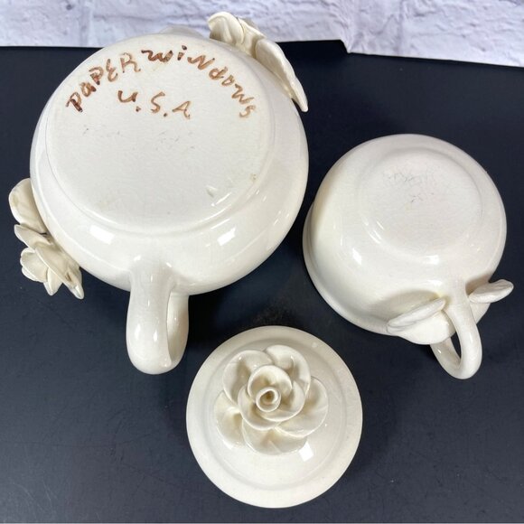 Stacked Ceramic Pottery Teapot Cup Set Paper Windows USA Floral Rose Cream VTG - Picture 7 of 16